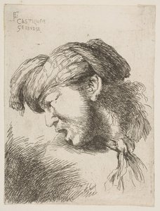 Mann mit Turban, eine Krawatte um den Hals gebunden, nach links gewandt, aus der Serie..., 1645-1650 von Giovanni Benedetto Castiglione