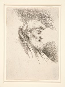 Alter Mann mit langem Bart, im Profil nach rechts gewandt, aus der Serie Die kleinen Köpfe von Giovanni Benedetto Castiglione