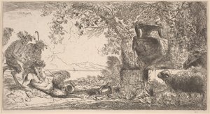 Pan liegend vor einer großen Vase von Giovanni Benedetto Castiglione
