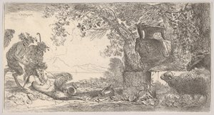 Pan ruht links mit zwei stehenden Satyrn, eine große Vase auf einem Sockel rechts, ca. 1645