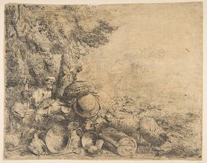 Zwei Hirten, ein Esel und andere Tiere in einer Landschaft, ca. 1638-1640 von Giovanni Benedetto Castiglione