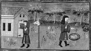 Dekameron, Frederic klopft an die Tür von Madame Tessa; der Mann findet Essen und Wein unter einem Pfirsichbaum. Siebter Tag, Novelle 1 von Giovanni Boccaccio