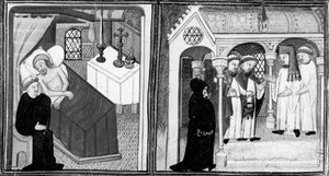 Decameron, Die Beichte des sterbenden Ciappelletto; die Gläubigen werden zur Andacht eingeladen. Erster Tag, Geschichte 1. von Giovanni Boccaccio