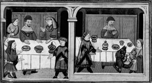 Decameron, Bergamin wird an den Tisch von Cangrande della Scala eingeladen; Bergamin erhält prächtige Geschenke. Erster Tag, Geschichte 7. von Giovanni Boccaccio
