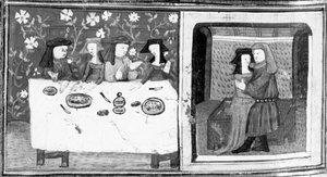 Dekameron, Spinelloccio und Zeppa sitzen mit ihren Frauen am Tisch; Zeppa küsst die Frau von Spinelloccio. Achter Tag, Novelle 8 von Giovanni Boccaccio