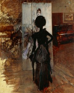 Dame im Atelier des Malers vor weißem Pastell