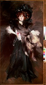Porträt von Mademoiselle Lantelme, junge Frau in schwarzer Mode der Belle Époque von Giovanni Boldini