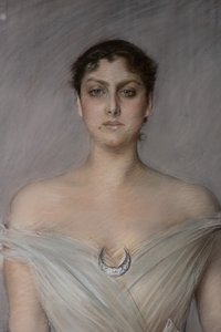 Porträt einer Dame in Weiß mit Handschuhen und Fächer (Detail) von Giovanni Boldini