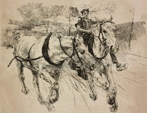 Verstärkung der Kutschpferde, Gravur nach einer Originalzeichnung von Giovanni Boldini, aus seinem Gemälde, aus L