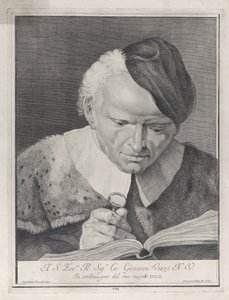 Mann mit Hut liest ein Buch mit einer Lupe, 1743 von Giovanni Cattini