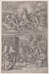 Geistliche in einer Landschaft beim Schreiben, andere im himmlischen Reich darüber, ca. 1650