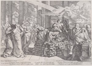 Der Selbstmord von Dido, die auf einem Scheiterhaufen liegt, umgeben von vielen Figuren von Giovanni Cesare Testa