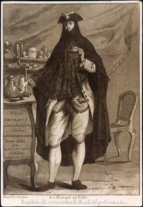 Ein Mann mit Maske trinkt eine Tasse Kaffee (Le Masque au Caffé)