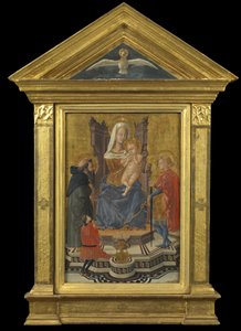 Jungfrau und Kind auf dem Thron, mit den Heiligen Antonius Abt und Julian und einem Stifter (Giebel oben - Heiliger Geist), ca. 1430 von Giovanni Di Ser Giovanni Lo Sheggia (attr. to) Guidi