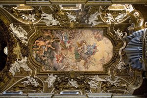 Gewölbe der Kirche Santa Maria della Vittoria in Rom, Fresko, das den Sieg der Jungfrau Maria über die Häresie und den Fall der rebellischen Engel darstellt, ausgeführt 1675 von Giovanni Domenico Cerrini (1609-1681), Bau des 17. Jahrhunderts, italienisch