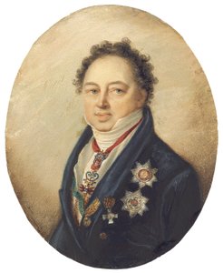 Graf Dmitry Pavlovich Tatishchev, nach links gewandt in blauem Mantel, weißer Weste und Krawatte von Giovanni Domenico Bossi