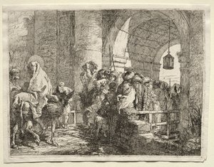 Flucht nach Ägypten: Die Heilige Familie unter einem Bogen hindurchgehend von Giovanni Domenico Tiepolo