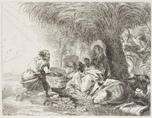 Joseph betet das Kind an, während zwei Engel singen, Platte neunzehn aus Die Flucht nach Ägypten von Giovanni Domenico Tiepolo