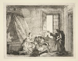 Joseph kündigt Maria den Befehl zur Abreise an, aus der Serie Idee pittoresche sopra la fuga in Egitto (Flucht nach Ägypten) von Giovanni Domenico Tiepolo