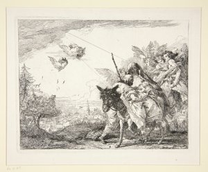 Joseph betrachtet das Jesuskind, aus der Serie Idee pittoresche sopra la fuga in Egitto (Flucht nach Ägypten) von Giovanni Domenico Tiepolo
