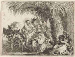 Joseph kniet mit dem Kind vor Maria auf dem Esel von Giovanni Domenico Tiepolo