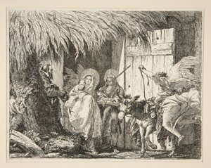Joseph und Maria vor einem Haus, aus der Serie Malerische Ideen zur Flucht nach Ägypten von Giovanni Domenico Tiepolo