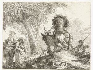 Maria mit Kind, unterstützt von einem Engel, und Josef führt einen Esel an einem Hirten mit Schafen vorbei (Flucht nach Ägypten)
