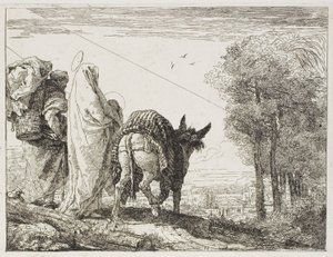 Maria hält das Kind in ihren Armen und Joseph mit dem Korb, Platte zehn aus Die Flucht nach Ägypten von Giovanni Domenico Tiepolo