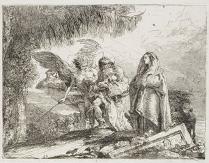 Maria und Joseph, das Kind haltend, werden von einem Engel begleitet, Tafel zwölf aus Die Flucht nach Ägypten von Giovanni Domenico Tiepolo