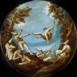 Punchinellos auf Schaukeln, Musik machend und Akrobatik in einer Landschaft von Giovanni Domenico Tiepolo