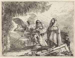 Die Flucht, Heilige Familie geht mit Engel von Giovanni Domenico Tiepolo