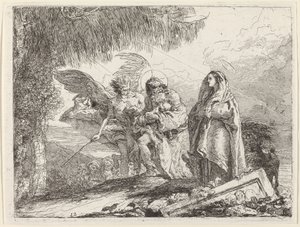 Die Flucht, Heilige Familie geht mit Engel von Giovanni Domenico Tiepolo