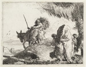 Die Flucht, mit Madonna rechts von Engeln unterstützt