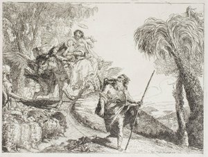 Die Heilige Familie auf einem Waldweg, in der Nähe einer Herde und einiger Hirten, Tafel 21 aus Die Flucht nach Ägypten von Giovanni Domenico Tiepolo