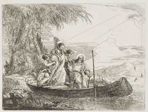 Die Heilige Familie betritt das Boot mit Hilfe der Engel, Platte sechzehn aus Die Flucht nach Ägypten von Giovanni Domenico Tiepolo