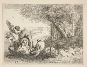 Die Heilige Familie reist mit dem Boot, aus der Serie Malerische Ideen über die Flucht nach Ägypten von Giovanni Domenico Tiepolo