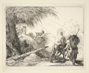 Die Heilige Familie auf einem felsigen Pfad, aus der Serie Idee pittoresche sulla fuga in Egitto (Flucht nach Ägypten) von Giovanni Domenico Tiepolo