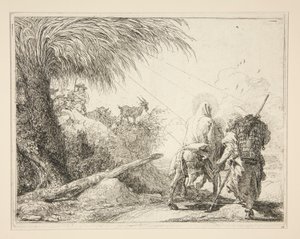 Die Jungfrau, auf dem Esel reitend und von hinten gesehen, aus der Serie Pittoreske Ideen über die Flucht nach Ägypten von Giovanni Domenico Tiepolo