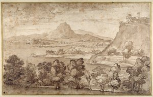 Landschaft mit einer Hügelstadt und einem entfernten Berg von Giovanni Francesco Grimaldi