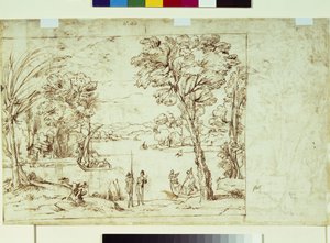 Landschaft mit Figuren am Flussufer