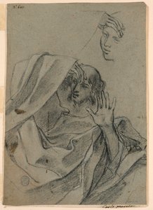 Zeichenstudien mit Frauengesicht und liegendem Mann, und rechte Hand mit Unterarm von Giovanni Francesco Barbieri