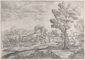 Ein Haus auf einem runden Felsen in der Mitte, Menschen im Fluss und in Kanus, 1626-80 von Giovanni Francesco Grimaldi