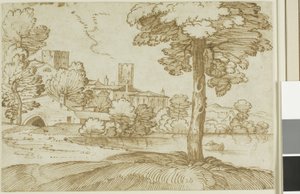 Landschaft mit einem großen Baum rechts und einer fernen Ansicht einer Stadt links von Giovanni Francesco Grimaldi