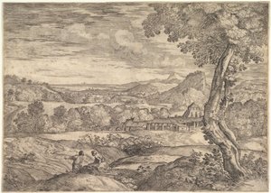 Landschaft mit einer Ziegelei im Mittelgrund, ein stehender Mann im Vordergrund, 1626-80