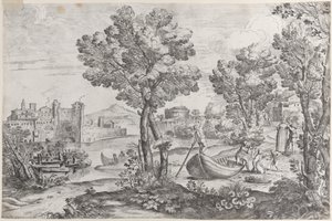 Landschaft mit einem Mann, der eine Schlange zu einem verängstigten Kind hält, beobachtet von einer modisch gekleideten Dame, 1626-80 von Giovanni Francesco Grimaldi