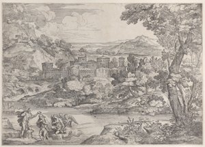 Die Taufe Christi unten links, in einer Landschaft von Giovanni Francesco Grimaldi