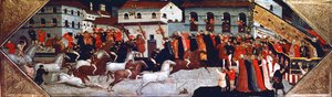 Palio-Pferderennen in den Straßen von Florenz, Gemälde von Giovanni di Francesco Toscani (ca. 1370-1430), Detail des Panels aus der Cassone (Truhe), Italien