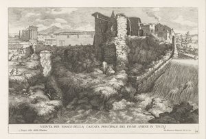 Landschaft mit Wasserfall und Tempel der Tiburtinischen Sibylle in Tivoli von Giovanni Francesco Venturini