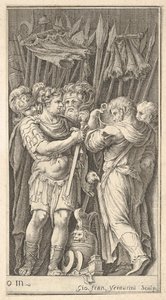 Soldaten, einer frontal gezeigt und ein Schwert haltend, rechts ein Soldat mit seinem Rü..., ca. 1650-1700 von Giovanni Francesco Venturini