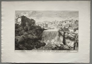 Die Brunnen von Rom (Le fontane di Roma), Buch IV, Platte 27: Ansicht des Hauptwasserfalls des Flusses Aniene in der Stadt Tivoli (Veduta della Cascata Principale del Fiume Aniene nelle citta di Tivoli) von Giovanni Francesco Venturini